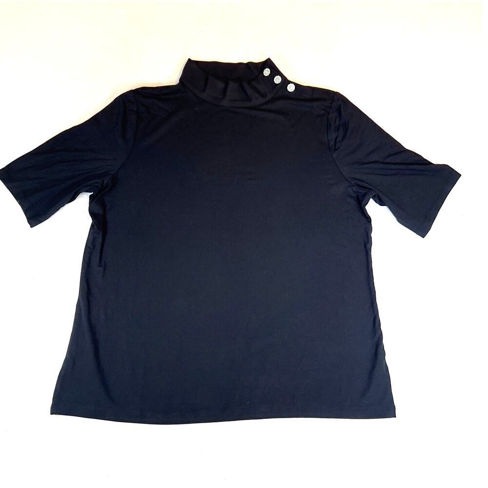 Talbots Pullover Top Woman's Large Black w/ Jeweled Button Detail Mock Neck